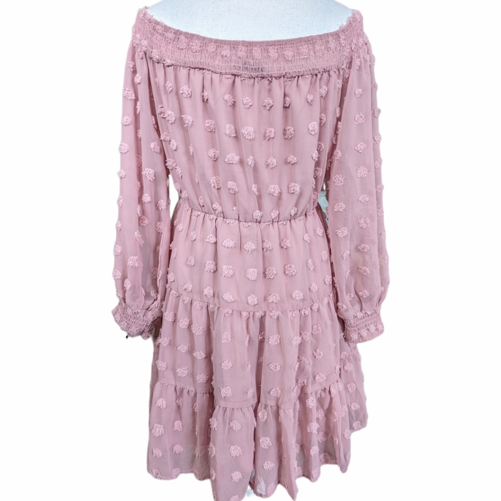 Romantic Blush Off-Shoulder Mini Dress with Textured Dots - Picture 3 of 4